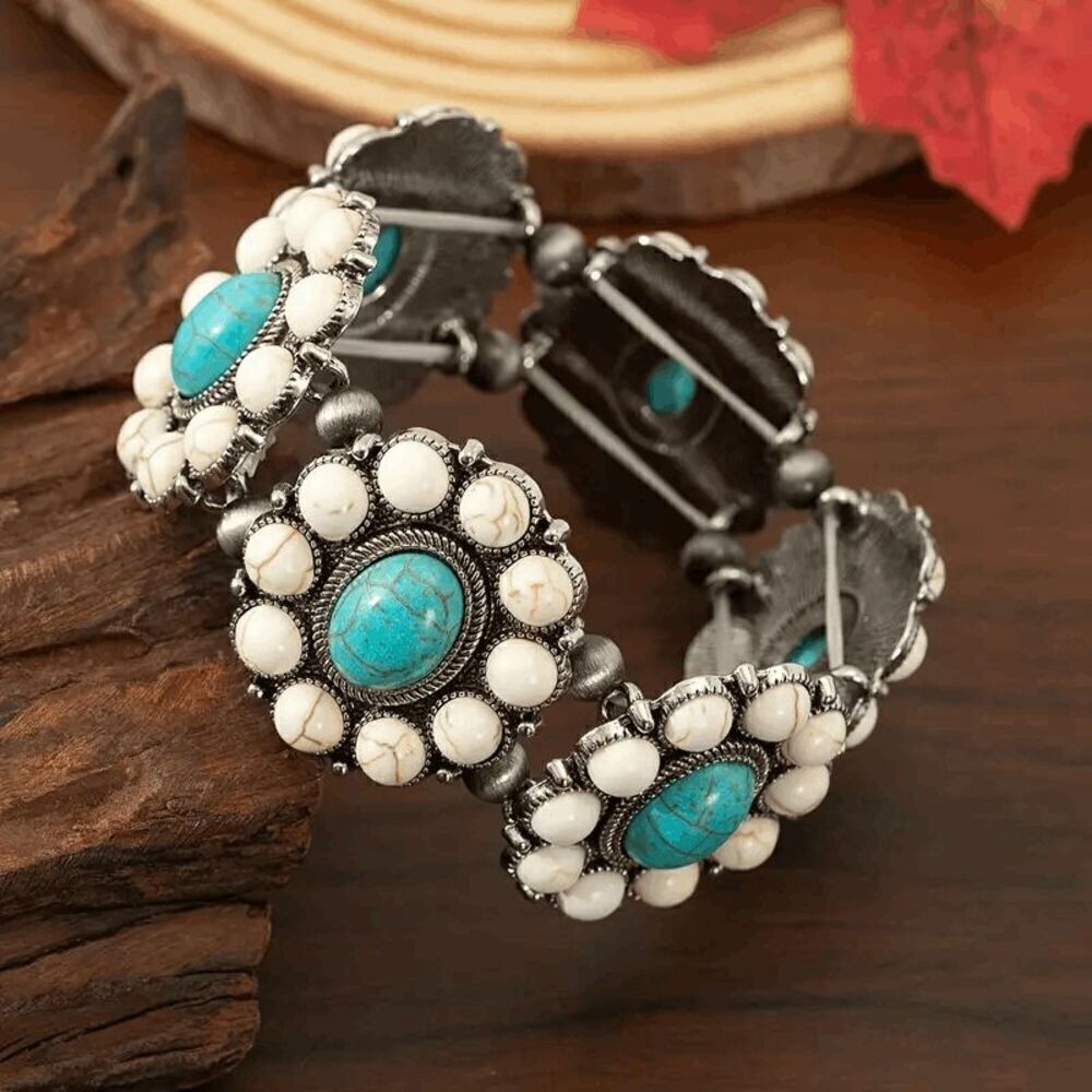 Western Boho Turquoise Concho Flower Bangle Bracelet